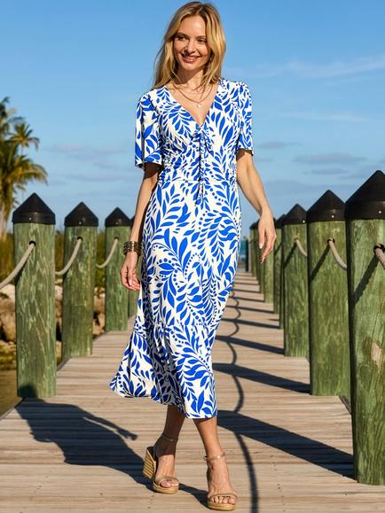 Sosandar Floral Ruched Waist Midi Dress, Blue/White, Blue/White