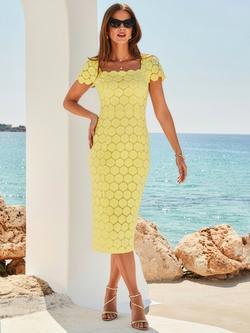 Sosandar Square Neck Lace Pencil Dress, Lemon Yellow - view 2, Lemon Yellow