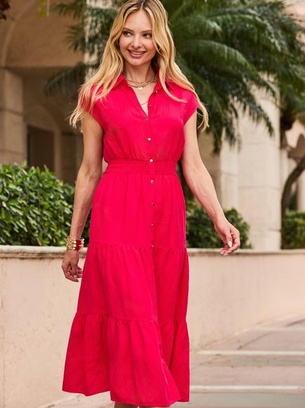 Sosandar Shirred Waist Linen Blend Shirt Dress, Pink - view 2, Pink
