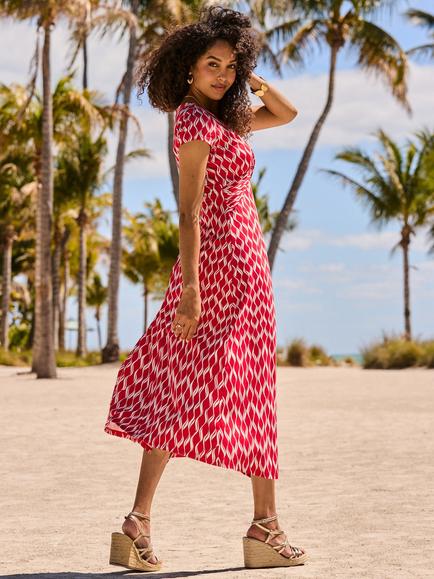 Sosandar Geometric Twist Front Midi Dress, Red - view 2, Red
