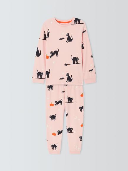 John Lewis Kids' Halloween Cat Glow in the Dark Pyjamas, Pink, Pink