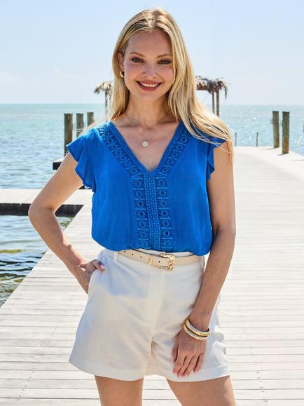 Sosandar Crinkle V-Neck Cap Sleeve T-Shirt, Blue, Blue
