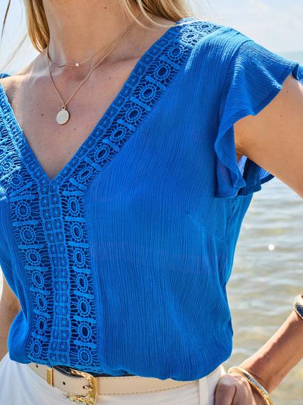 Sosandar Crinkle V-Neck Cap Sleeve T-Shirt, Blue - view 2, Blue