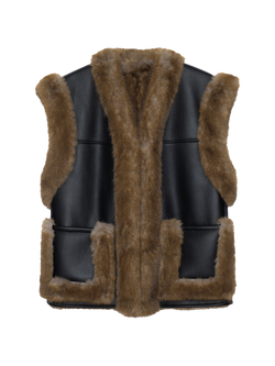 STAND STUDIO Cassia Faux Fur & Faux Leather Gilet, Black/Brown, Black/Brown