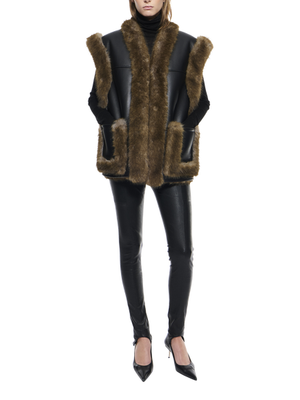 STAND STUDIO Cassia Faux Fur & Faux Leather Gilet, Black/Brown, Black/Brown