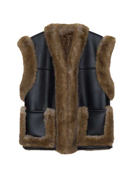 STAND STUDIO Cassia Faux Fur & Faux Leather Gilet, Black/Brown - view 2, Black/Brown