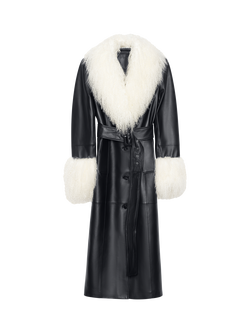 STAND STUDIO Monica Mongolian Fur Trim Leather Coat, Black, Black