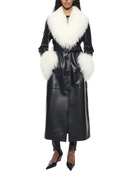 STAND STUDIO Monica Mongolian Fur Trim Leather Coat, Black, Black