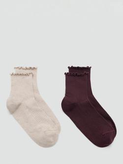 Mango Ribbed Ruffle Socks, Pack of 2, Bordeaux, Bordeaux
