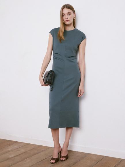 Mango Drape Detail Midi Dress, Blue, Blue