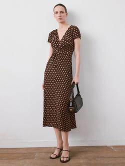 Mango Knot Front Polka Dot Dress, Brown, Brown