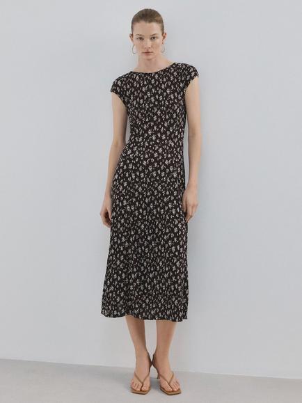 Mango Textured Floral Midi Dress, Brown, Brown