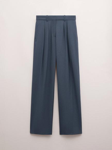 Mango High Rise Wool Blend Wide Leg Trousers, Blue, Blue