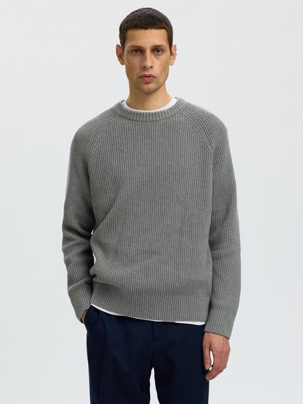Selected Ribbed Crew Neck Cotton Jumper, Medium Grey Melange