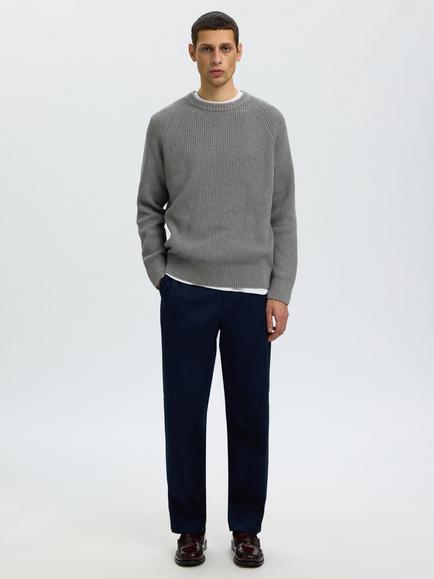 Selected Ribbed Crew Neck Cotton Jumper - view 2, Medium Grey Melange