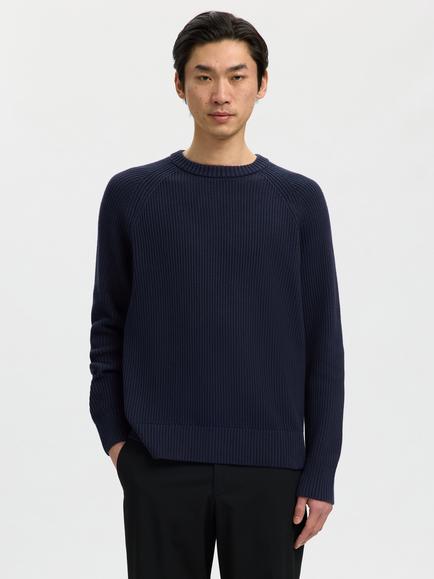 Selected Ribbed Crew Neck Cotton Jumper, Navy Blazer