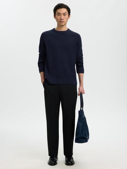 Selected Ribbed Crew Neck Cotton Jumper - view 2, Navy Blazer