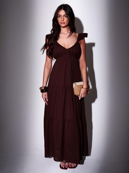South Beach Frill Sleeve Tiered Maxi Dress, Brown