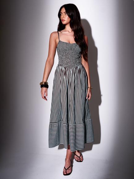 South Beach Sleeveless Midi Dress, Blue/Brown, Blue/Brown