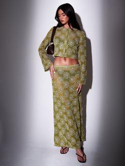 South Beach Crochet Floral Sequin Maxi Skirt, Green, Green