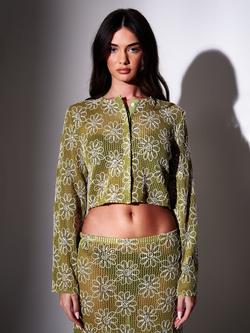 South Beach Crochet Floral Sequin Button Front Cardigan, Green, Green