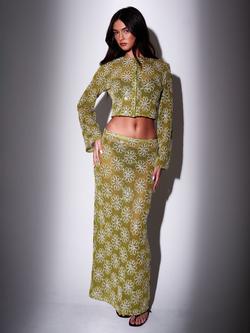 South Beach Crochet Floral Sequin Button Front Cardigan, Green - view 2, Green