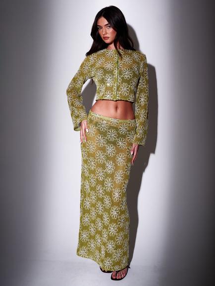 South Beach Crochet Floral Sequin Button Front Cardigan, Green - view 2, Green