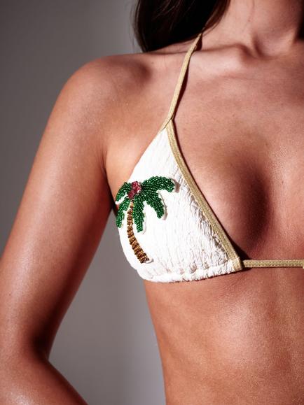 South Beach Embellished Palm Tree Applique Triangle Bikini Set, Cream - view 2, Cream