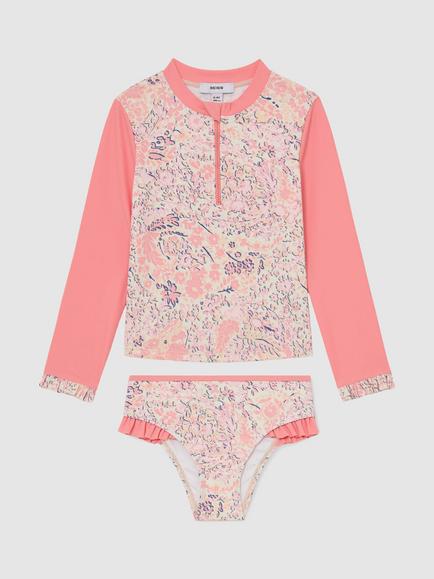 Reiss Kids' Nola Printed Rash Vest Bikini Set, Pink, Pink