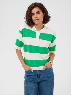KAFFE Lizza Stripe Polo Knit Top, Chalk/Bright Green, Chalk/Bright Green