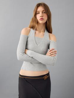 Mango Kids' Halterneck Ribbed Knit Top, Grey, Grey