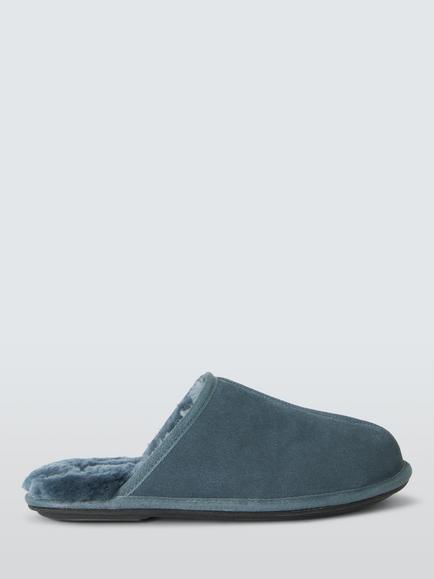 John Lewis Arran Suede Sherling Lined Slippers, Steel Blue, Steel Blue