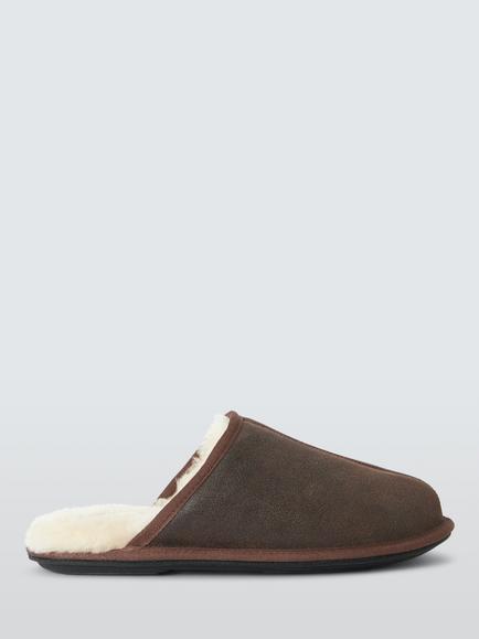 John Lewis Arran Suede Sherling Lined Slippers, Dark Cocoa, Dark Cocoa