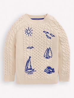 Mini Boden Kids' Cable Knit Embroidered Jumper, Warm Ivory, Warm Ivory