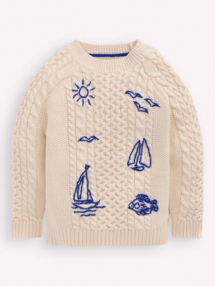 Mini Boden Kids' Cable Knit Embroidered Jumper, Warm Ivory, Warm Ivory