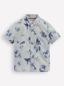 Mini Boden Kids' Linen Blend Short Sleeve Shirt, Stripe Seaside, Stripe Seaside