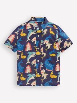 Mini Boden Kids' Linen Blend Short Sleeve Shirt, Multi Sharks, Multi Sharks