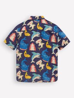 Mini Boden Kids' Linen Blend Short Sleeve Shirt, Multi Sharks - view 2, Multi Sharks