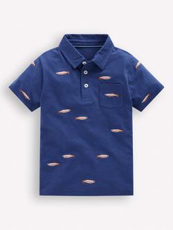 Mini Boden Kids' Embroidered Slub Polo Shirt, Blue/Multi, Blue/Multi