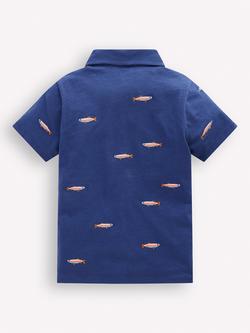 Mini Boden Kids' Embroidered Slub Polo Shirt, Blue/Multi - view 2, Blue/Multi