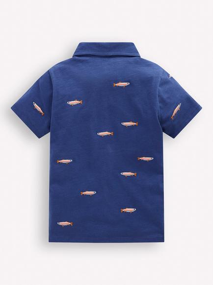 Mini Boden Kids' Embroidered Slub Polo Shirt, Blue/Multi - view 2, Blue/Multi