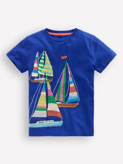 Mini Boden Kids' Superstitch T-Shirt, Mazarine Blue Boats, Mazarine Blue Boats