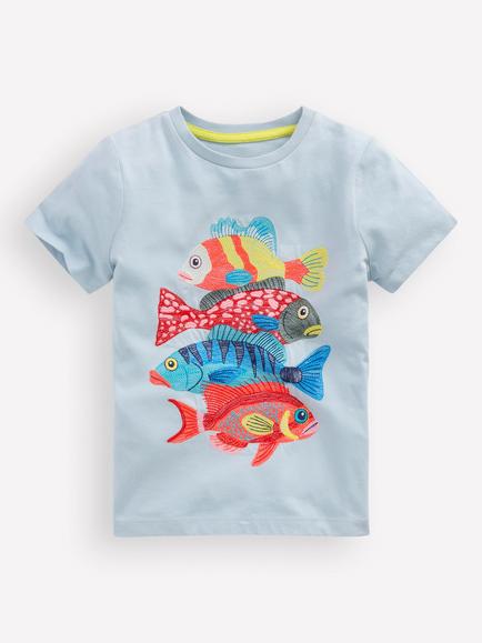 Mini Boden Kids' Superstitch T-Shirt, Niagra Mist Fish, Niagra Mist Fish