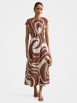 Forever New Petite Callie Abstract Ruched Midi Dress, Brown, Brown