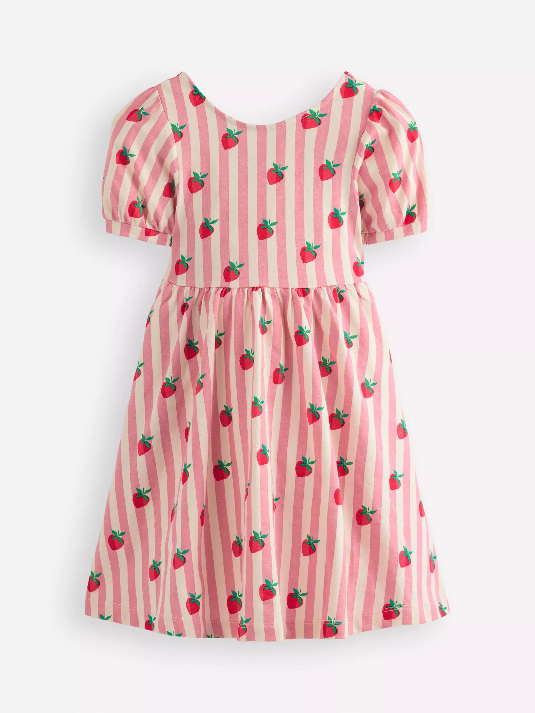 Mini Boden Kids' Ballerina Puff Sleeve Strawberry Print Dress, Pink Stripe