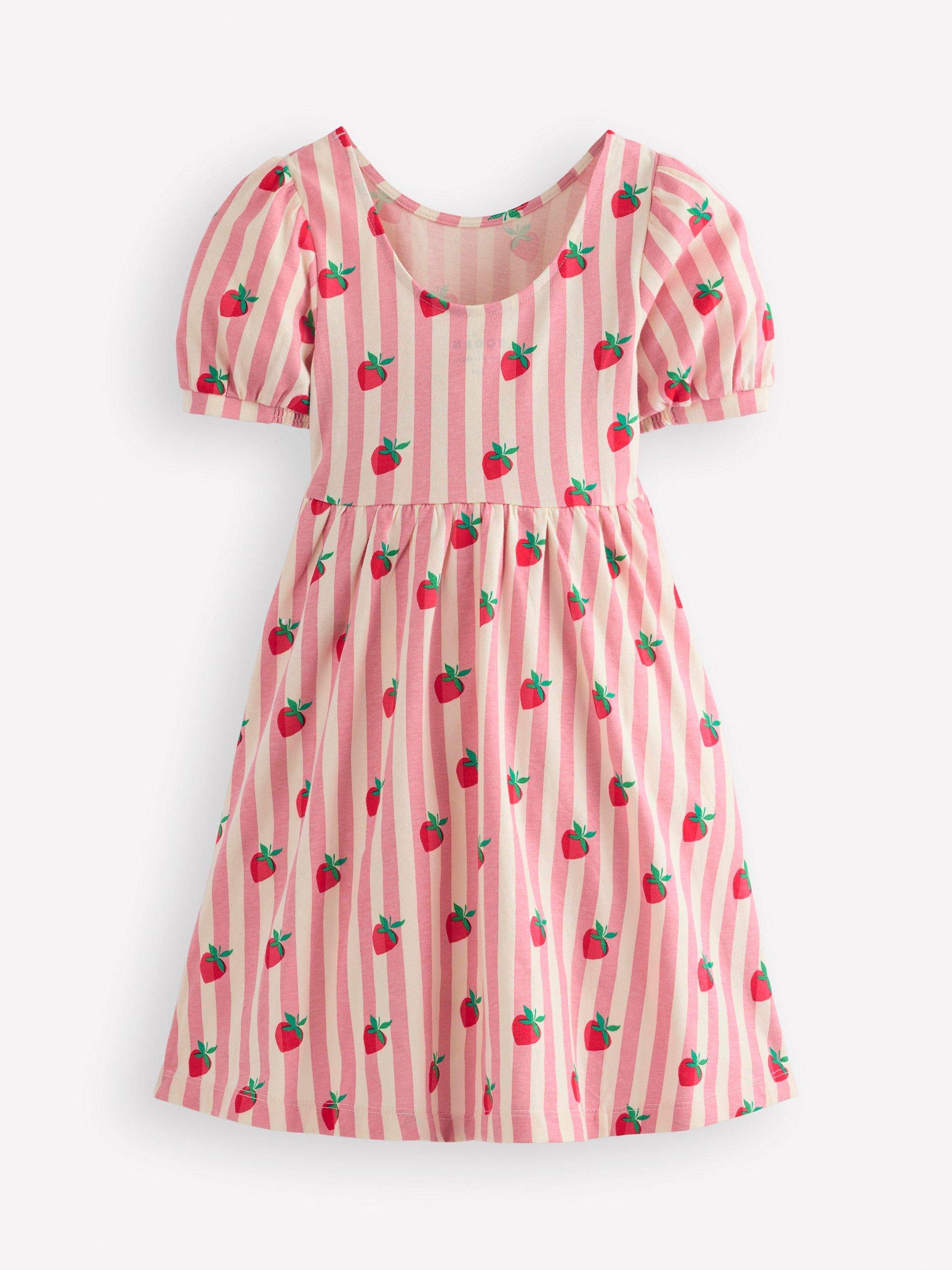 Mini Boden Kids' Ballerina Puff Sleeve Strawberry Print Dress, Pink Stripe