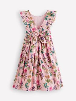 Mini Boden Kids' Flutter Sleeve Bow Back Midi Dress, Pink Floral - view 2, Pink Floral