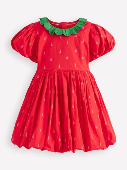 Mini Bode Kids' Puff Sleeve Bubble Hem Dress, Poppy Red Strawberry, Poppy Red Strawberry