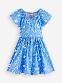 Mini Boden Kids' Cotton Flutter Sleeve Dress, Cabana Blue Mermaids, Cabana Blue Mermaids
