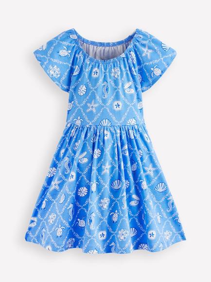 Mini Boden Kids' Cotton Flutter Sleeve Dress, Cabana Blue Mermaids, Cabana Blue Mermaids